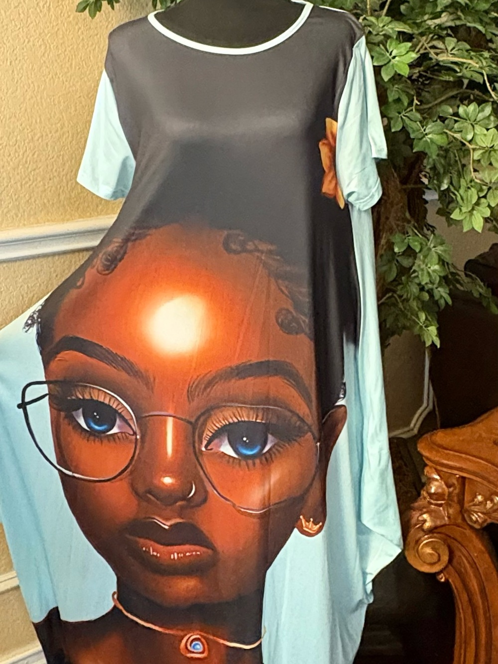 Graphic Face Print Maxi Dress in Light Blue and Black